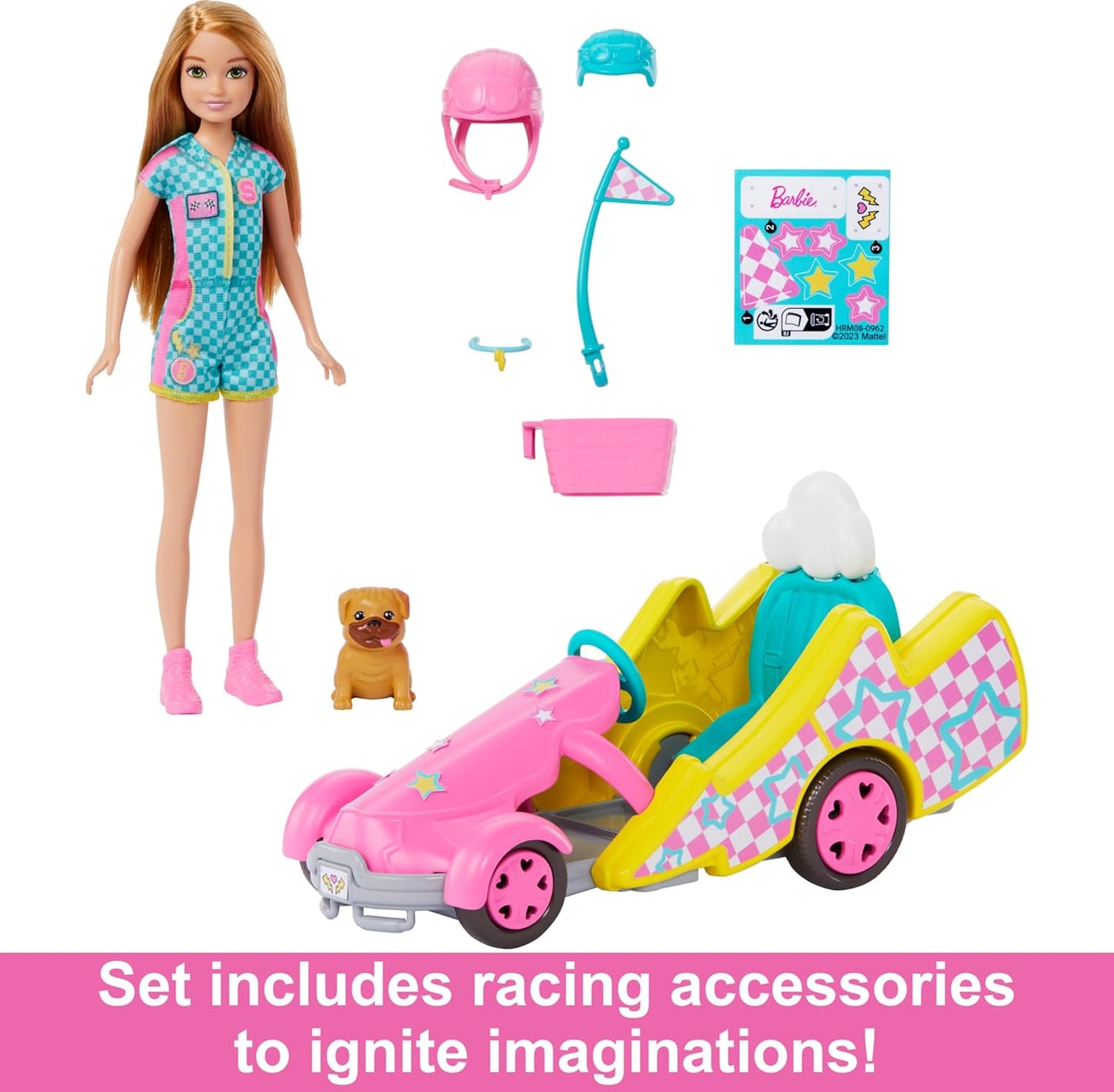 Barbie Boneca Stacie com carrinho de kart com rodas giratórias, cachorro, acessórios e folha de adesivos, conjunto de brinquedos de 9 peças, HRM08