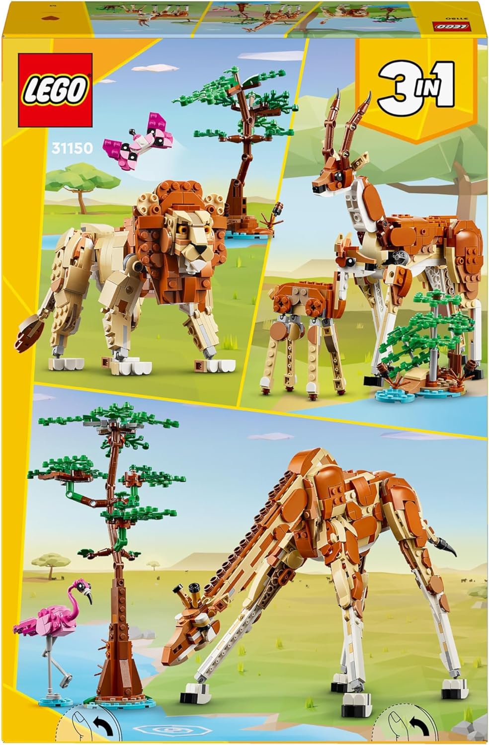 LEGO Criador 3 em 1 animais selvagens de safari, brinquedo de girafa para figuras de gazela para modelo de leão, conjunto para crianças, meninas e meninos de 9 anos ou mais, inclui flamingo e borboleta, presentes da natureza