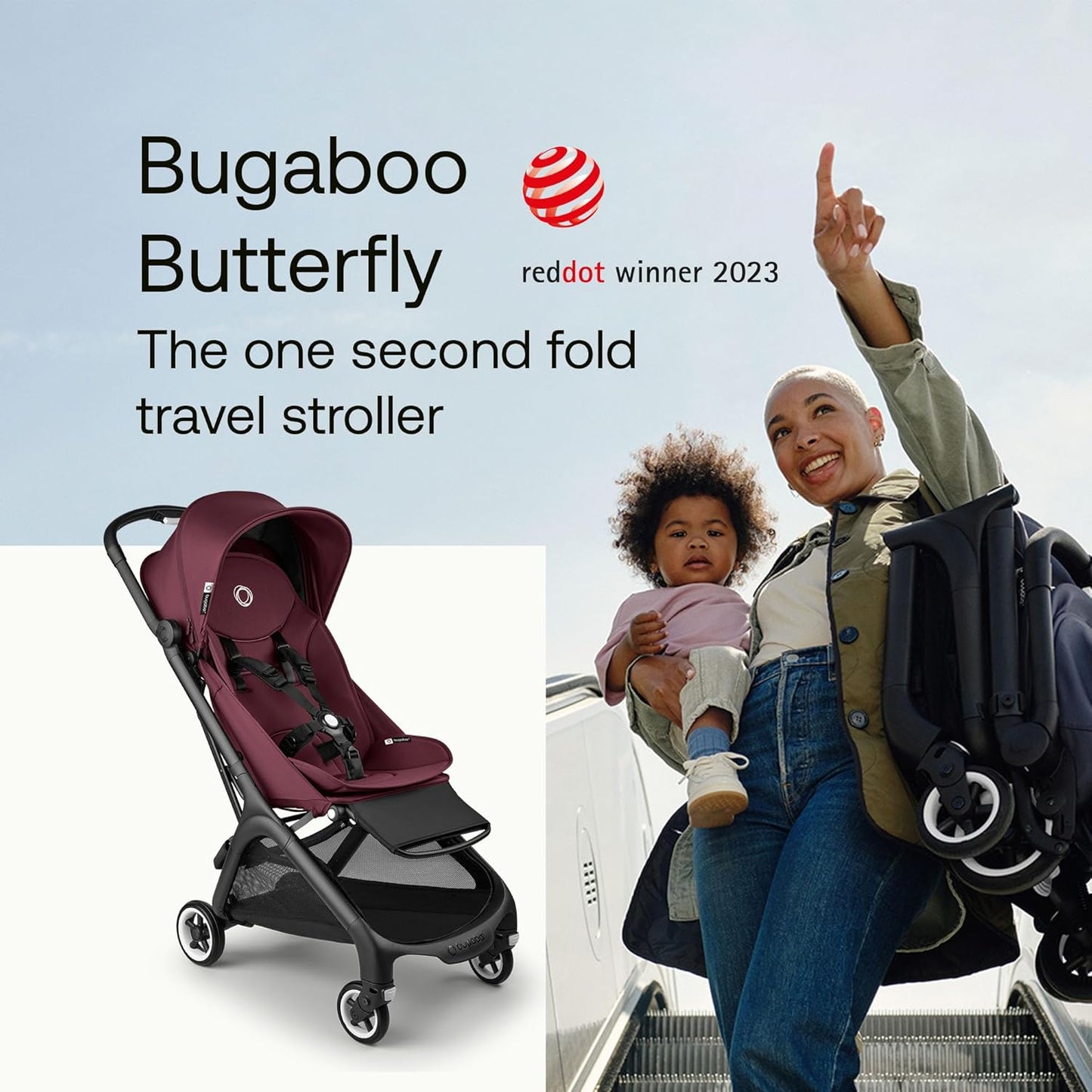 Bugaboo Carrinho de viagem ultracompacto Butterfly, pequeno e leve, fácil de dobrar em 1 segundo, ergonômico e extra espaçoso, carrinho de passeio urbano para bebês e crianças pequenas, direção confortável, preto/cereja escuro