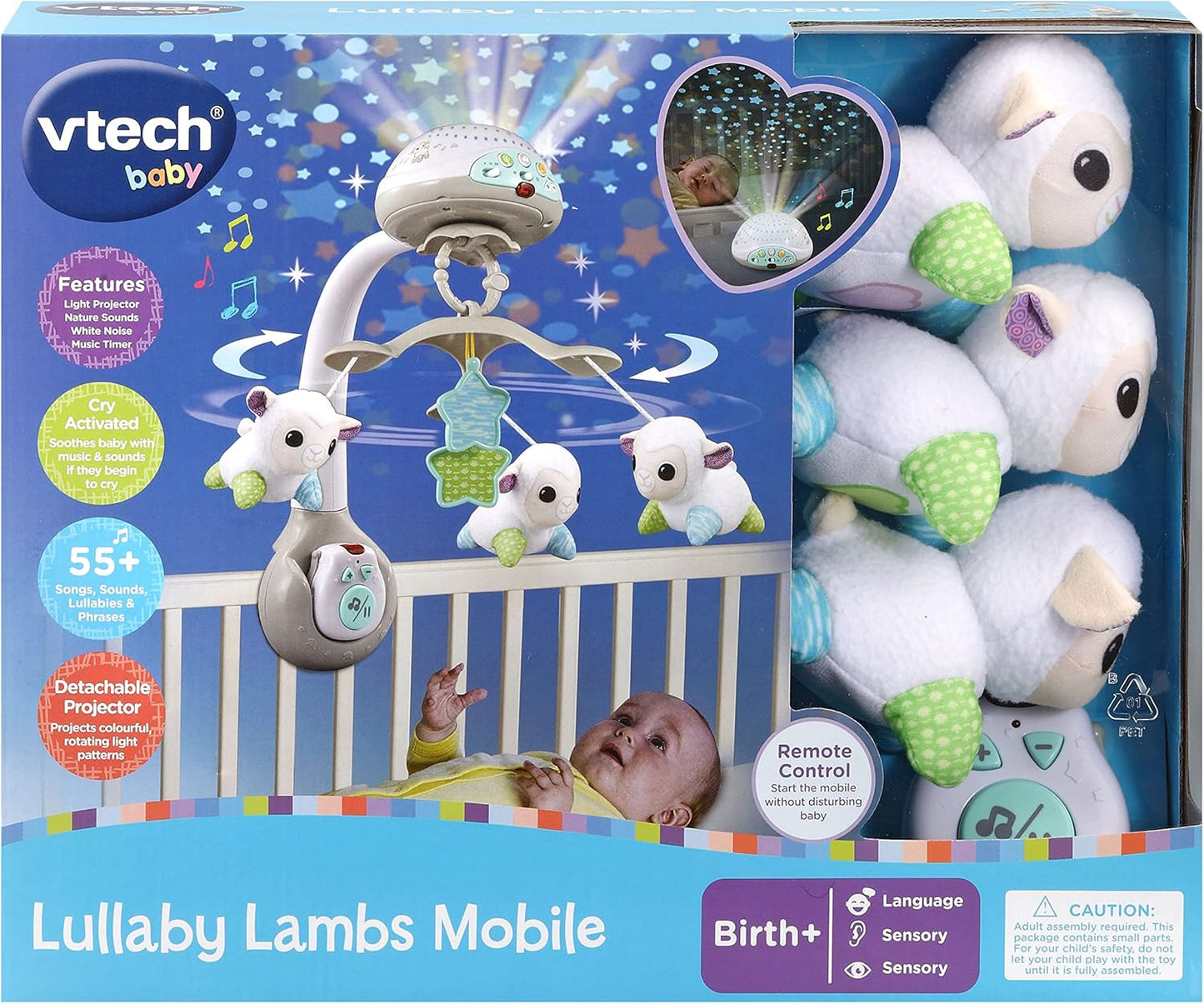 VTech Móvil Baby Lullaby Corderos, con Patrones de Luces de Colores, Música Suave, Ruido Blanco y Sonidos de la Naturaleza, Regalo para Bebés 0, 3, 6, 9+ Meses, Versión en Inglés