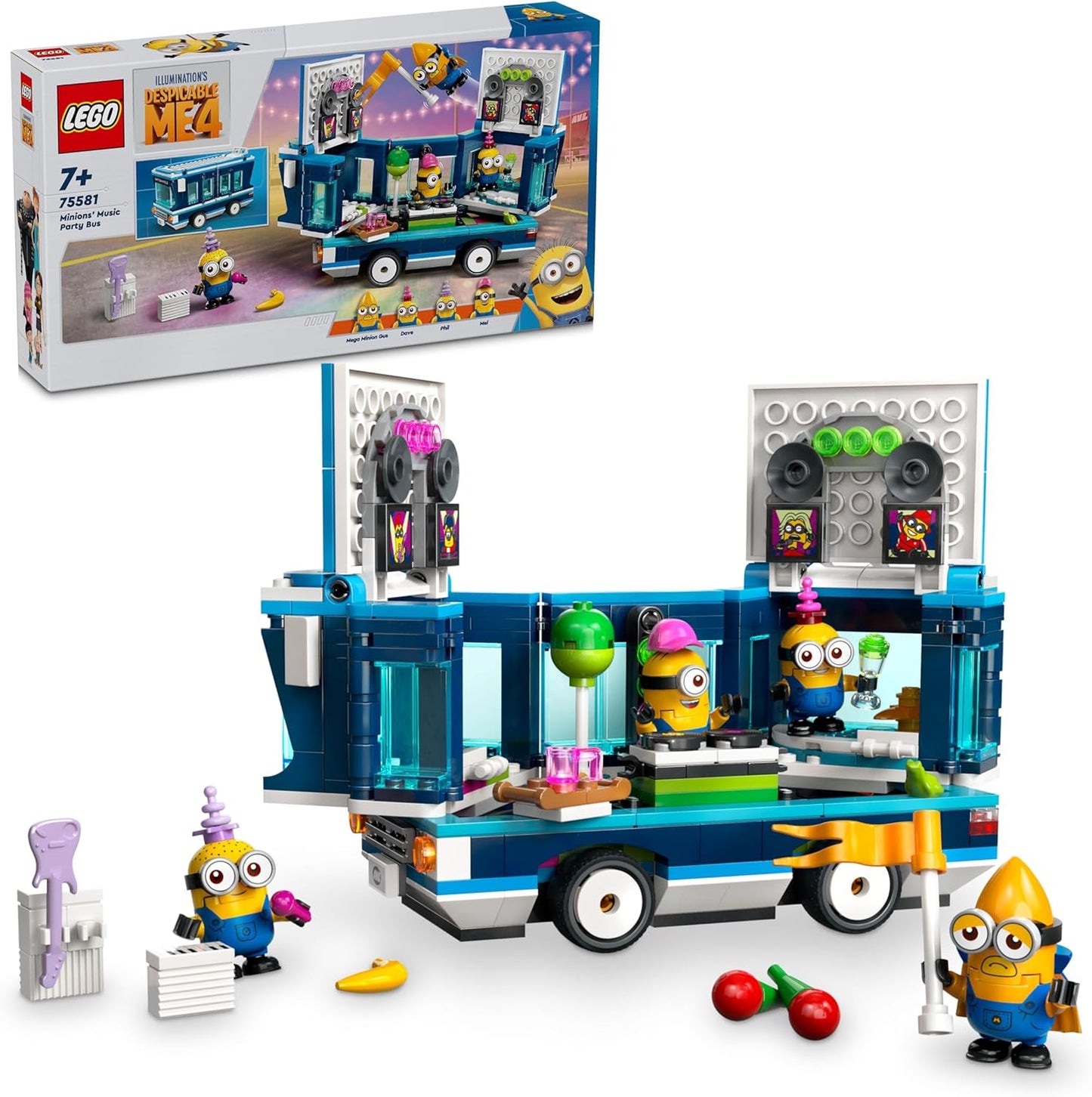 LEGO Ônibus de festa musical Despicable Me Minions, brinquedo de construção criativo para crianças, meninos e meninas com mais de 7 anos, inclui figuras de Gus, Mel, Dave e Phil, ideia criativa para presente de aniversário 75581