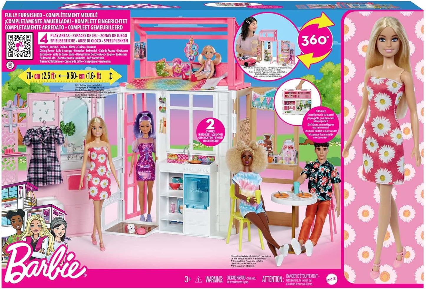 Juego de casa de muñecas Barbie con muñeca Barbie y casa con 2 niveles y 4 áreas de juego, completamente amueblada, con cachorro y accesorios, regalo para niños a partir de 3 años, HHY40