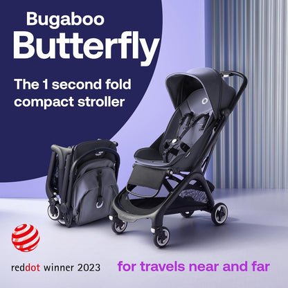 Bugaboo Butterfly, pequeno e leve, fácil de dobrar em 1 segundo, carrinho urbano ergonômico e extra espaçoso de bebê a criança, direção confortável, preto/azul tempestuoso