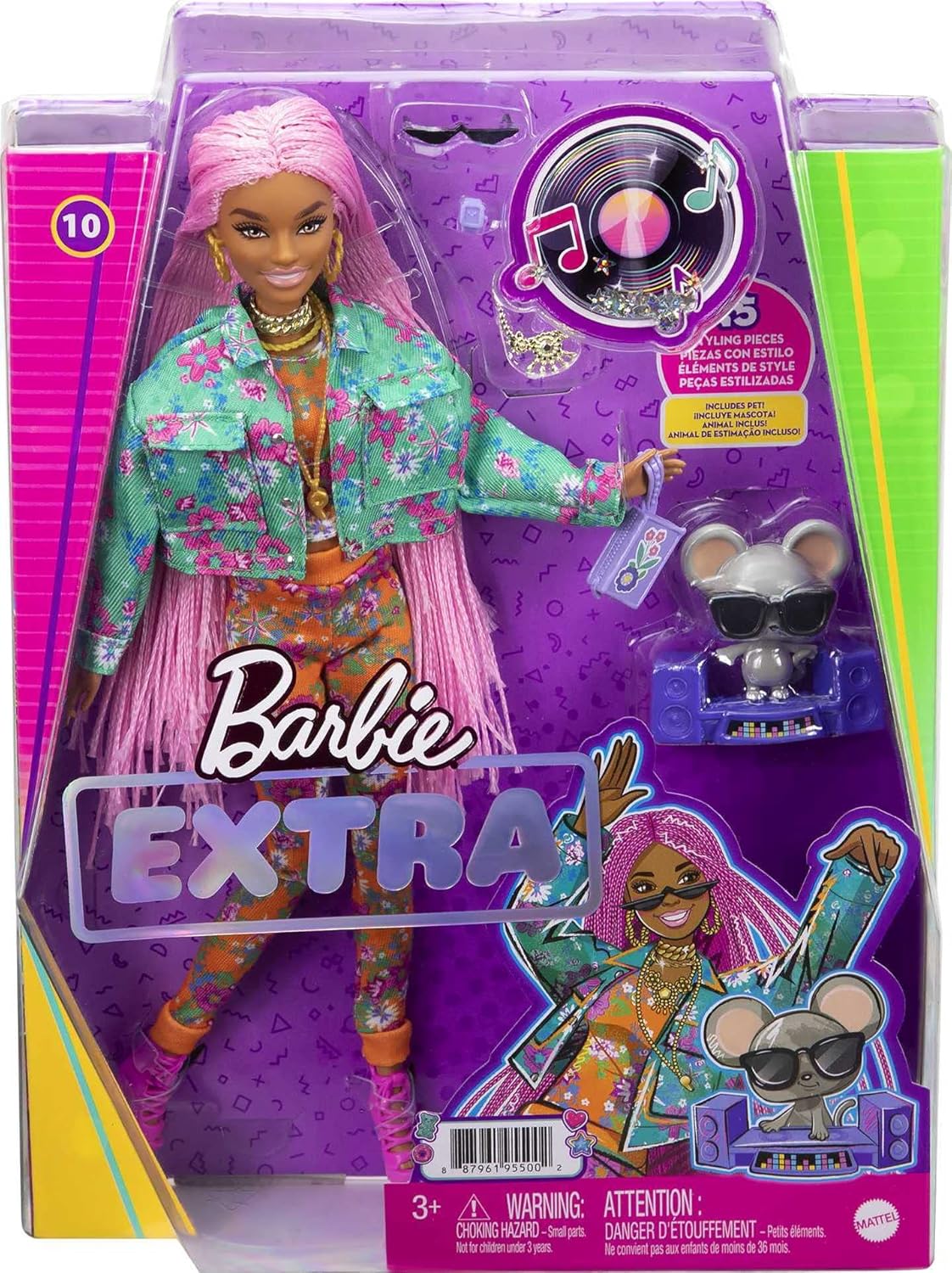 Barbie Boneca Extra nº 10 em jaqueta com estampa floral e conjunto de corrida com animal de estimação DJ Mouse, tranças rosa extralongas, roupa e acessórios em camadas, presente para crianças de 3 anos ou mais