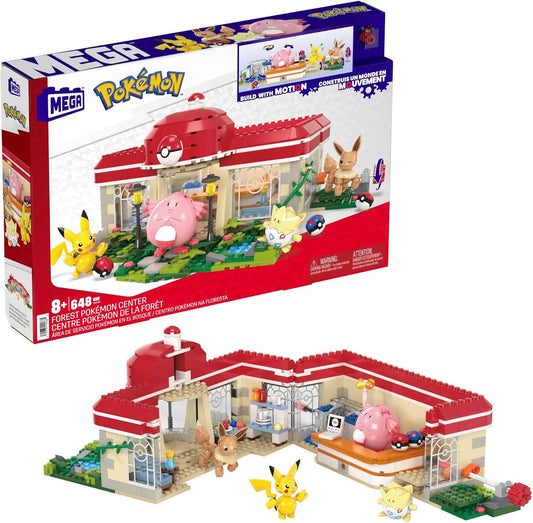 MEGA Pokémon Playset, Forest Pokémon Center inclui Pikachu, Chansey, Eevee e Togepi, brinquedos de construção para crianças e adultos, modelo de personagem colecionável com 648 peças