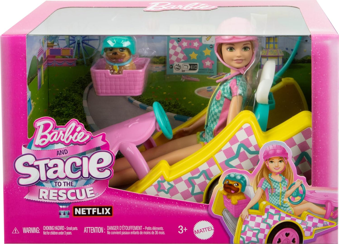 Barbie Boneca Stacie com carrinho de kart com rodas giratórias, cachorro, acessórios e folha de adesivos, conjunto de brinquedos de 9 peças, HRM08