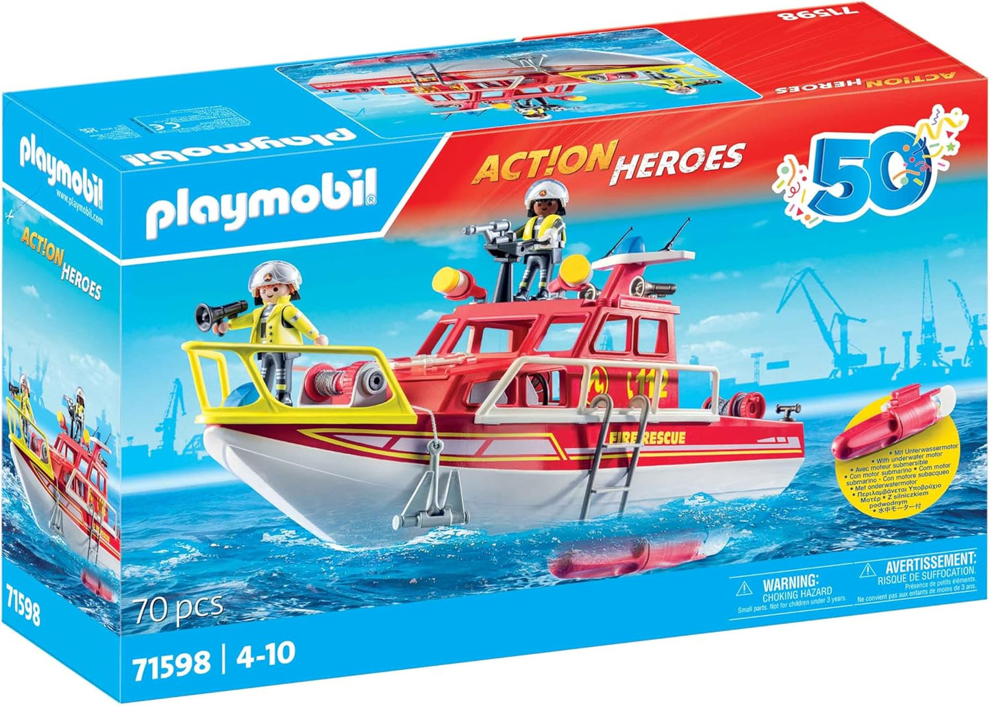 Playmobil 71598 Action Heroes: barco de resgate de incêndio, missão de resgate na água, barco flutuante com teto e acessórios removíveis, conjuntos de jogos cheios de ação adequados para crianças a partir de 4 anos