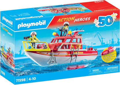 Playmobil 71598 Action Heroes: barco de resgate de incêndio, missão de resgate na água, barco flutuante com teto e acessórios removíveis, conjuntos de jogos cheios de ação adequados para crianças a partir de 4 anos