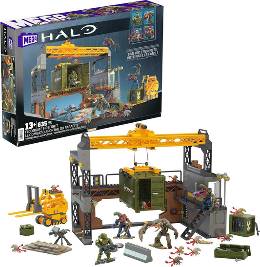 MEGA Conjunto de construção de brinquedos Halo Infinite para crianças, Floodgate Firefight com 634 peças, 4 microfiguras de ação articuladas e acessórios, ideias para presentes