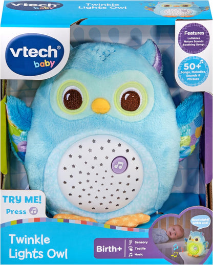 VTech Baby Twinkle Lights Owl, brinquedo calmante para bebês com sons da natureza, ruído branco, melodias e músicas, presente para bebês de 0, 3, 6, 9 meses +, versão em inglês