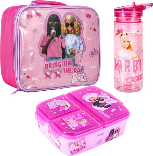 Zawadi Global Conjunto de lancheira infantil Barbie Kids - lancheira isolada, lancheira com vários compartimentos e garrafa de água de 580 ml - conjunto de comida para almoço de viagem escolar,