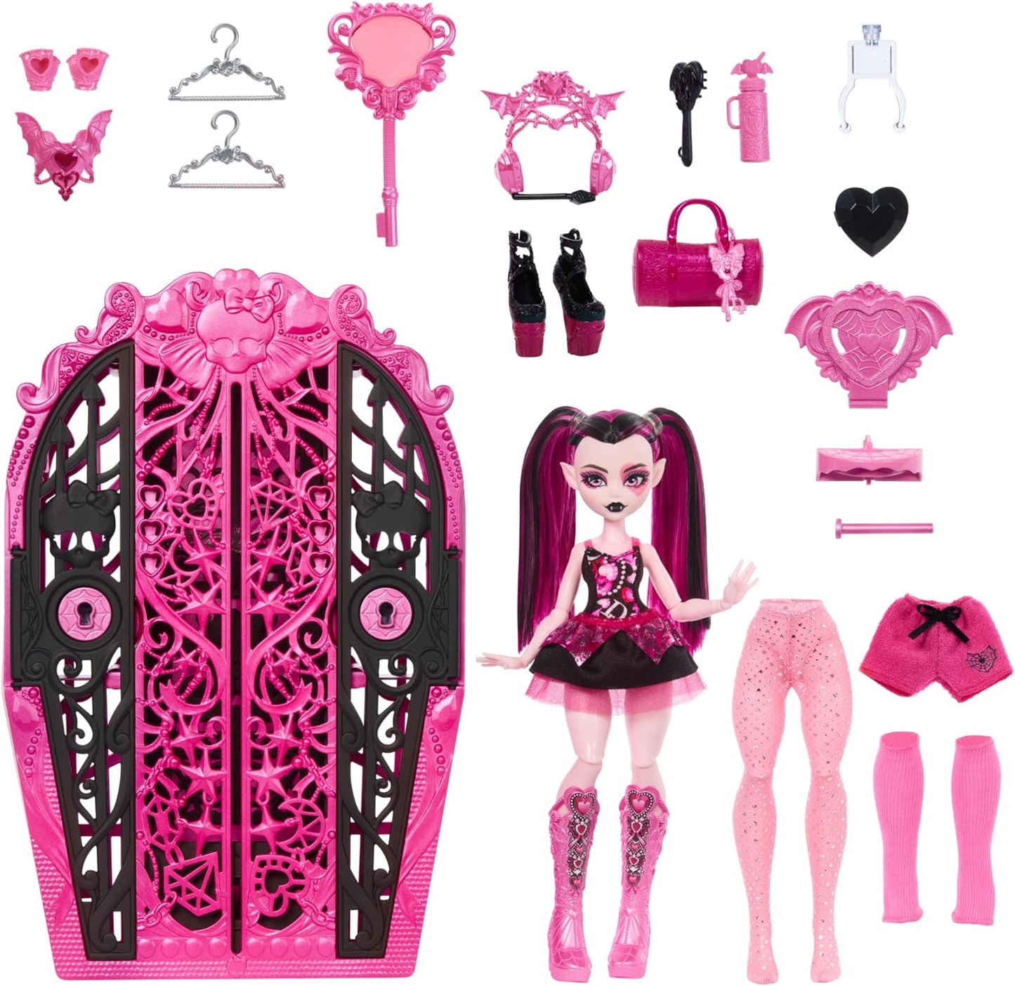 Monster High Conjunto de bonecas e acessórios Skulltimate Secrets, Monster Mysteries Draculaura com armário de vestir e mais de 19 surpresas, incluindo roupas de boneca, HXH84