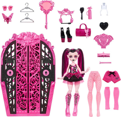 Monster High Conjunto de bonecas e acessórios Skulltimate Secrets, Monster Mysteries Draculaura com armário de vestir e mais de 19 surpresas, incluindo roupas de boneca, HXH84