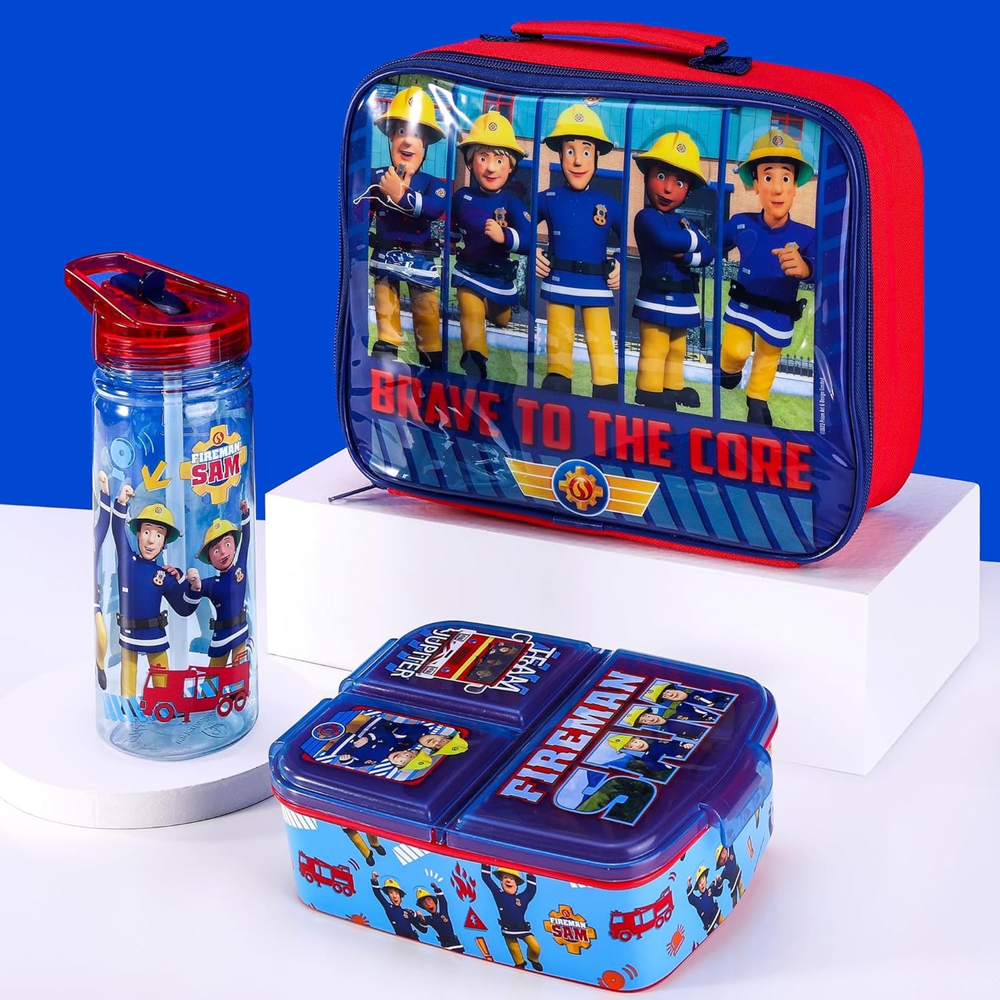 Zawadi Global Conjunto de lancheira infantil Fireman Sam Kids - lancheira isolada, lancheira com vários compartimentos e garrafa de água de 580 ml - conjunto de comida para almoço de viagem escolar, sem BPA