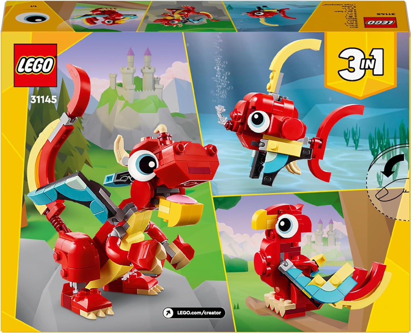 LEGO Criador 3 em 1 Brinquedo Dragão Vermelho para Figura de Peixe para Modelo de Pássaro Fênix, Conjunto de Figuras de Animais, Presentes para Meninos, Meninas e Crianças de 6 Anos ou mais 31145