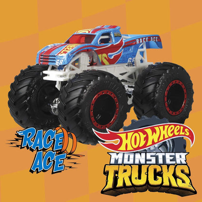 Hot Wheels Monster Trucks, caminhão de brinquedo fundido em escala 1:64 e 1 carro esmagável, rodas gigantes e decoração estilizada, FYJ44