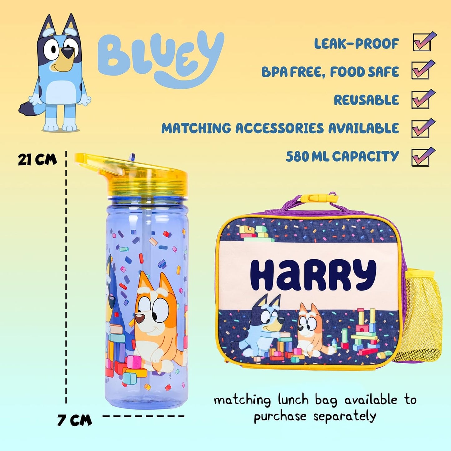 Bluey Garrafa de plástico com canudo sem BPA - Garrafa de água escolar de 580 ml para meninos Garrafa de bebida durável 100% à prova de vazamento para meninos