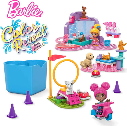 MEGA Barbie Color Reveal Building Toy Playset, Train n Wash Pets com 152 peças, 15 surpresas, acessórios e 6 animais de estimação, crianças de 5 anos ou mais, HHP89