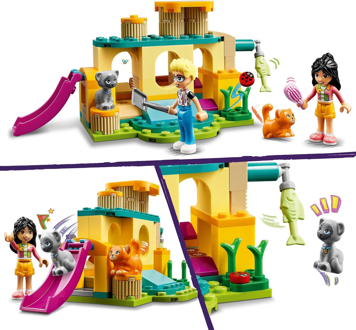 LEGO Friends Cat Playground Adventure, brinquedo animal com figuras e acessórios para animais de estimação, incluindo um peixe, presente para meninas, meninos e crianças de mais de 5 anos, inclui personagens de miniboneca Olly e Liann 42612