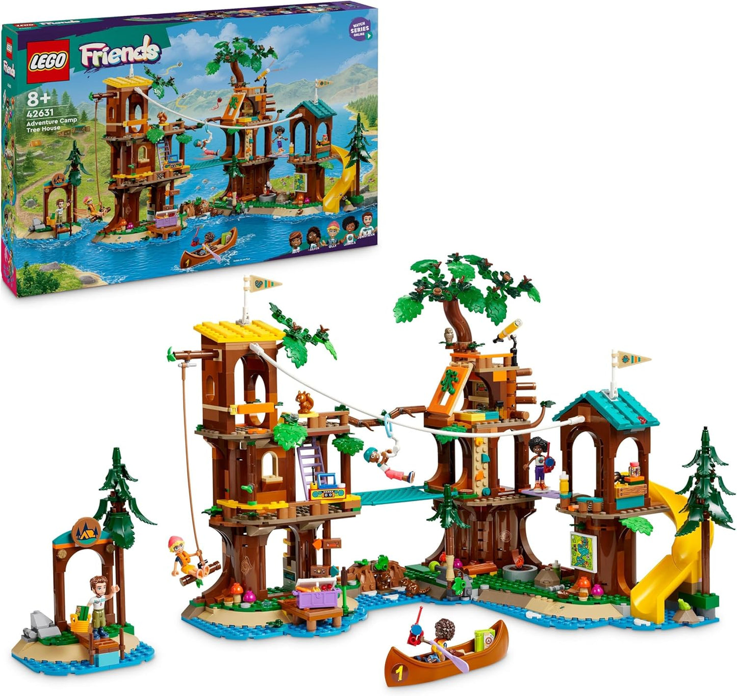 LEGO Friends Adventure Camp Tree House Camping Playset Toy para meninas e meninos de 8 anos ou mais, conjunto de construção, 5 minibonecas e 5 figuras de animais, ideia de presente de aniversário para crianças 42631