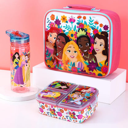 Zawadi Global Conjunto de lancheira infantil Disney Princess Kids - lancheira isolada, lancheira com vários compartimentos e garrafa de água de 580 ml - conjunto de comida para almoço de viagem escolar, sem BPA