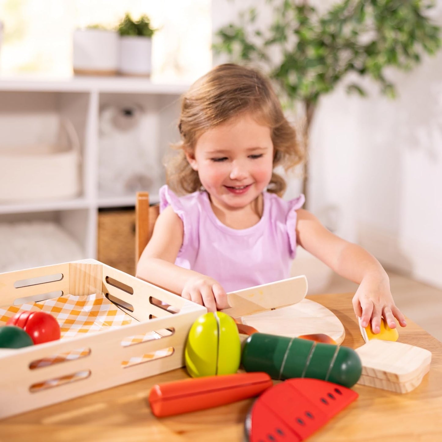 Melissa & Doug Corte de madeira Brincar Comida Brinquedos de comida de madeira Brinquedo Comida Brincar Comida Acessórios de cozinha 3+ Presente para menino de 3 anos, presente para menina de 3 anos