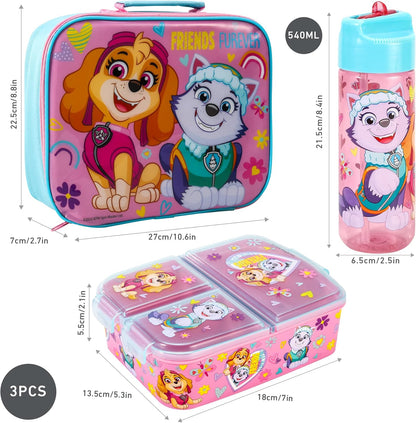 Zawadi Global Conjunto de lancheira infantil Paw Patrol Kids - lancheira isolada, lancheira com vários compartimentos e garrafa de água de 540 ml - conjunto de comida para almoço de viagem escolar, sem BPA