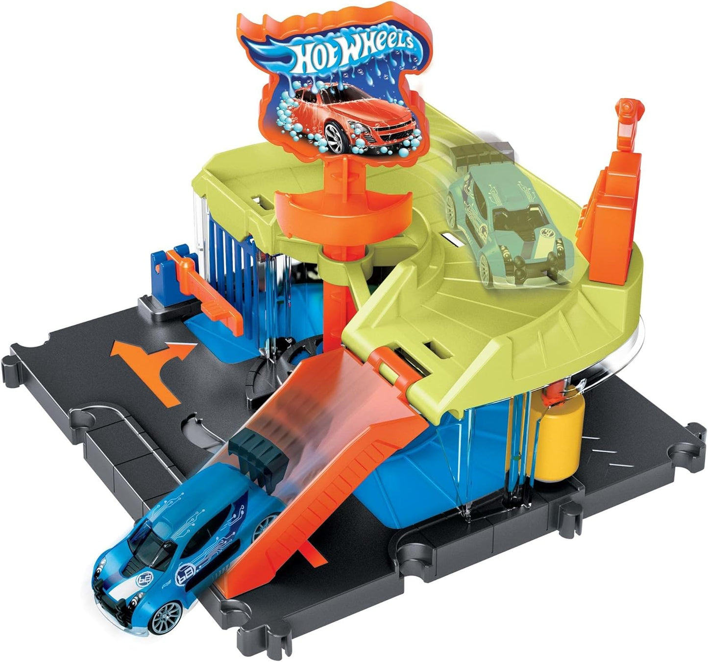 HOT WHEELS City Downtown Spielset Eiskrem-Strudel - Rennbahn-Action com manuellem Aufzug, Eiskrem-Wirbel e herunterklappbarer Rampe, incluindo 1 Hot Wheels Auto, para crianças de 4 anos, HKX38