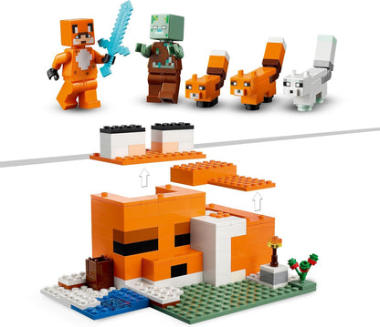 LEGO 21178 Minecraft The Fox Lodge House, brinquedos de animais, presentes de aniversário para crianças, meninos e meninas de 8 anos ou mais, com figura de zumbi afogado