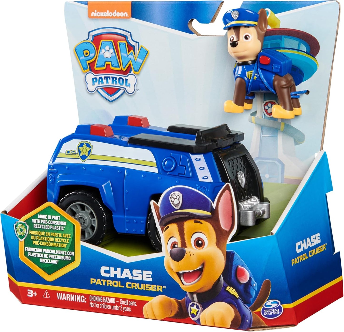 Paw Patrol, Chase’s Patrol Cruiser, carro de brinquedo com boneco de ação colecionável, brinquedos infantis sustentáveis para meninos e meninas de 3 anos ou mais