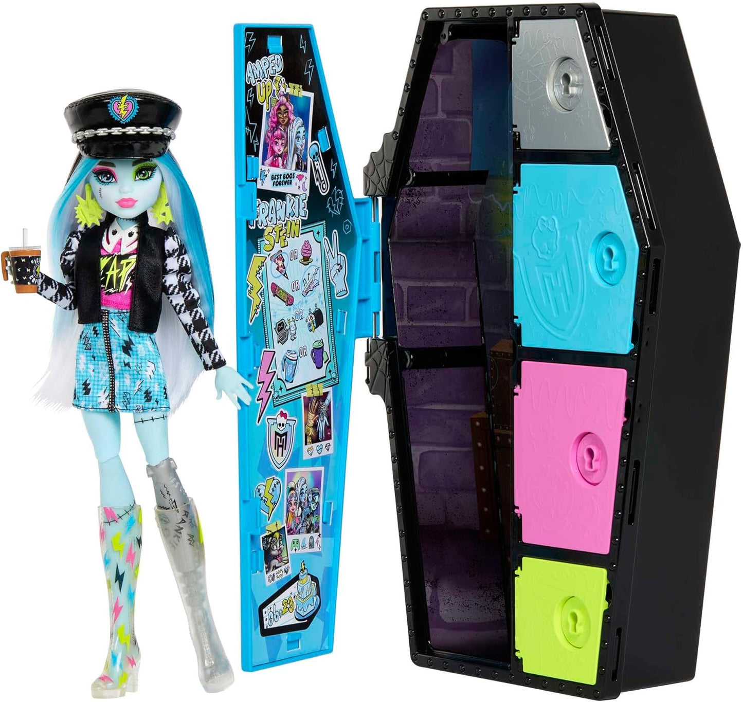 Monster High Boneca e conjunto de moda, Frankie Stein com armário de vestir e mais de 19 surpresas, Skulltimate Secrets, HKY62