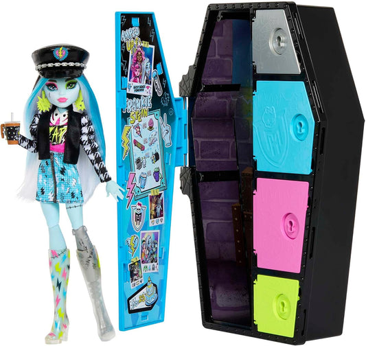 Monster High Boneca e conjunto de moda, Frankie Stein com armário de vestir e mais de 19 surpresas, Skulltimate Secrets, HKY62