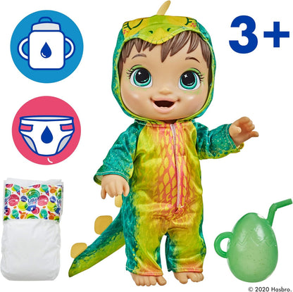 Muñeca Baby Alive Dino Cuties, estegosaurio, accesorios para muñecas, bebidas, salsas, juguete de dinosaurio estegosaurio para niños a partir de 3 años, cabello castaño