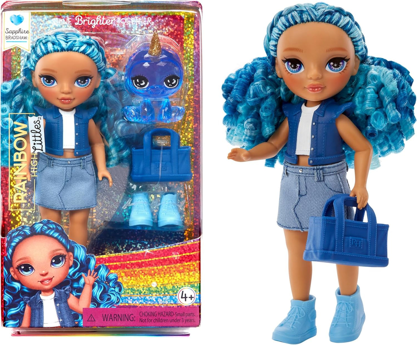 Rainbow High Littles - Sapphire Bradshaw - Boneca fashion pequena e posável - Boneca azul de 14 cm de altura com bolsa e Yeti de estimação mágico - Adequado para crianças e colecionadores