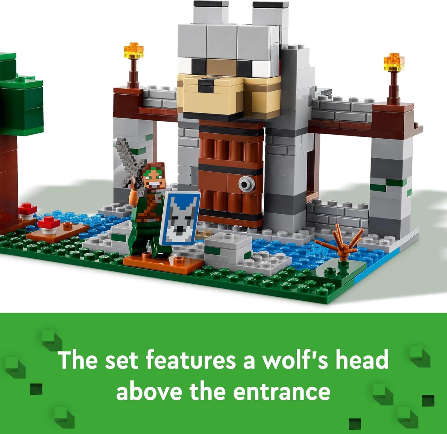 LEGO Conjunto de fortaleza Minecraft The Wolf Stronghold, brinquedo de construção para meninos e meninas de 8 anos ou mais, inclui mesa de artesanato, 2 figuras de esqueleto e lobo para ação de castelo, presente de aniversário para crianças 21261