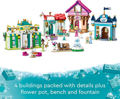 LEGO ǀ Disney Princess: Disney Princess Market Adventure, brinquedo montável para crianças, meninas e meninos com minibonecas Tiana, Aurora, Ariel e Cinderela e 4 casas, ideia imaginativa para presente 43246