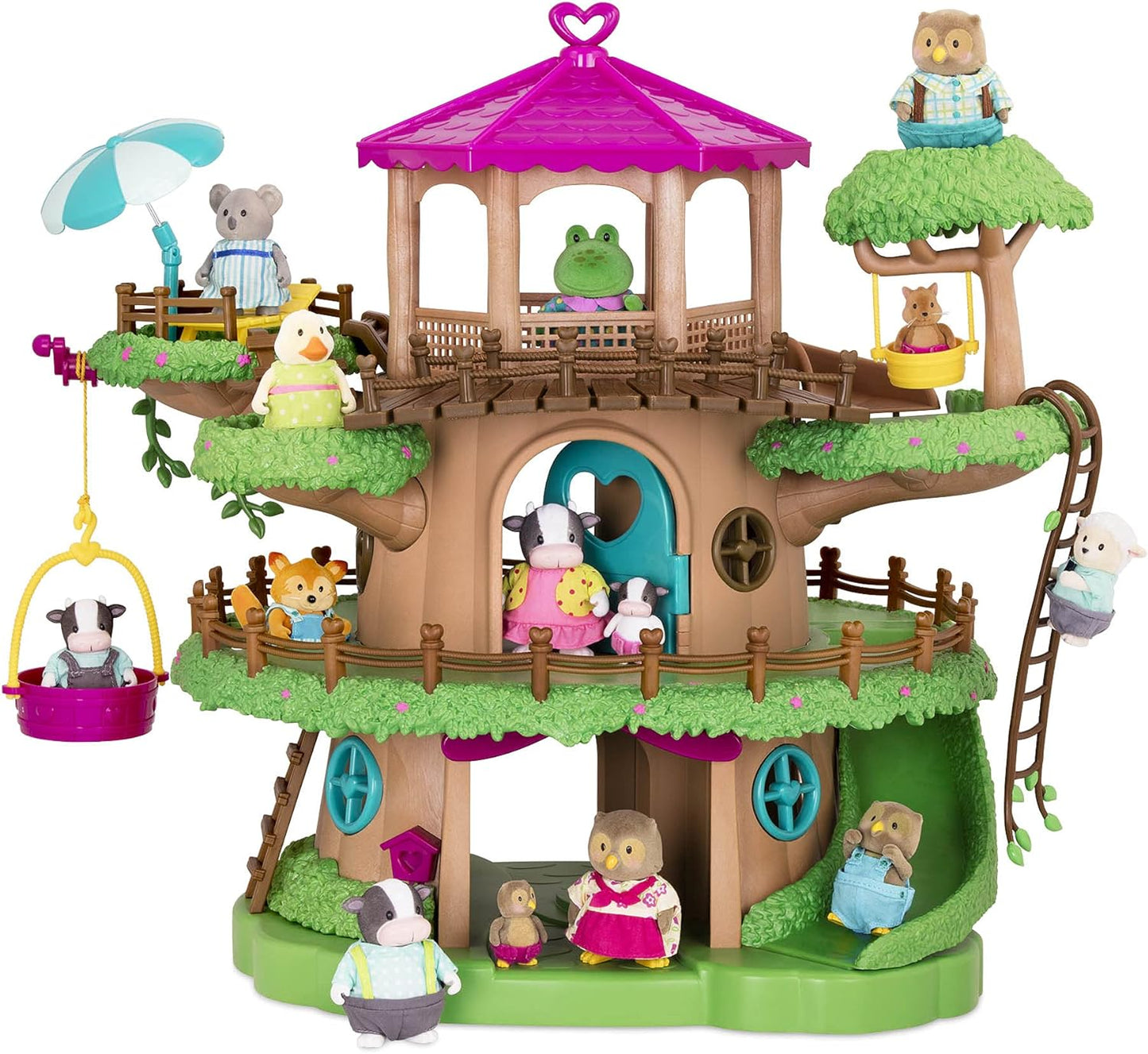 Li'l Woodzeez WZ6707C1Z P Li’l Woodzeez – Conjunto de brinquedos familiares de 22 peças com casa na árvore, elevador de manivela e acessórios – Casas em miniatura e conjuntos de jogos para crianças de 3 anos ou mais