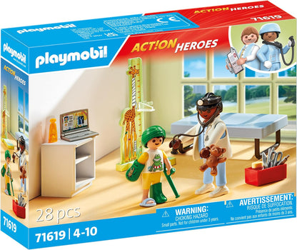 Playmobil 71619 Action Heroes: Pediatra com ursinho de pelúcia, tratamento para os mais pequenos, feito com mais de 80% de materiais reciclados e de base biológica, conjuntos de jogos detalhados adequados para crianças a partir de 4 anos