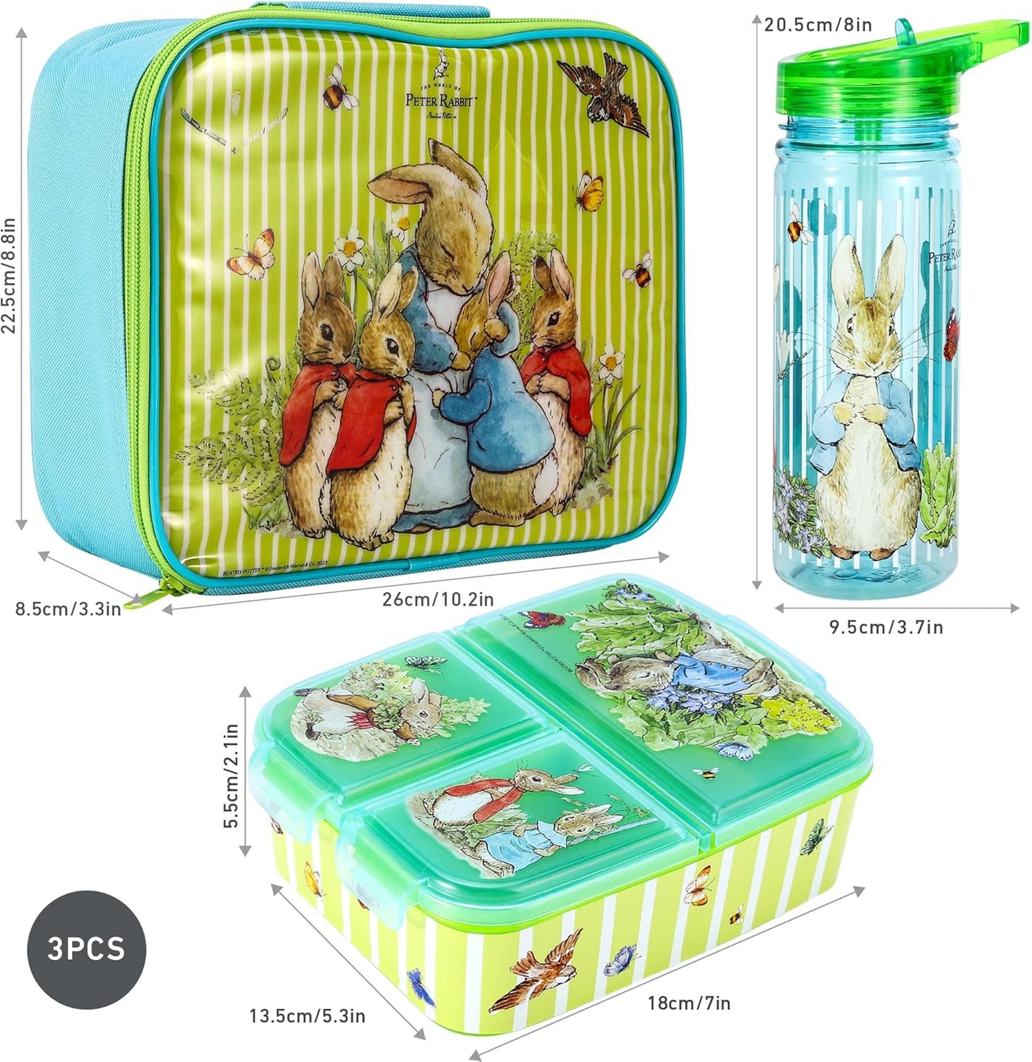 Zawadi Global Conjunto de lancheira infantil Peter Rabbit Kids - lancheira isolada, lancheira com vários compartimentos e garrafa de água de 580 ml - conjunto de comida para almoço de viagem escolar, sem BPA