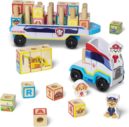 Melissa & Doug Caminhão de brinquedo PAW Patrol com blocos de construção de madeira com alfabeto e número, brinquedos infantis para meninas e meninos de 3 anos ou mais, brinquedos PAW Patrol para meninos, presente de veículos infantis para menino ou