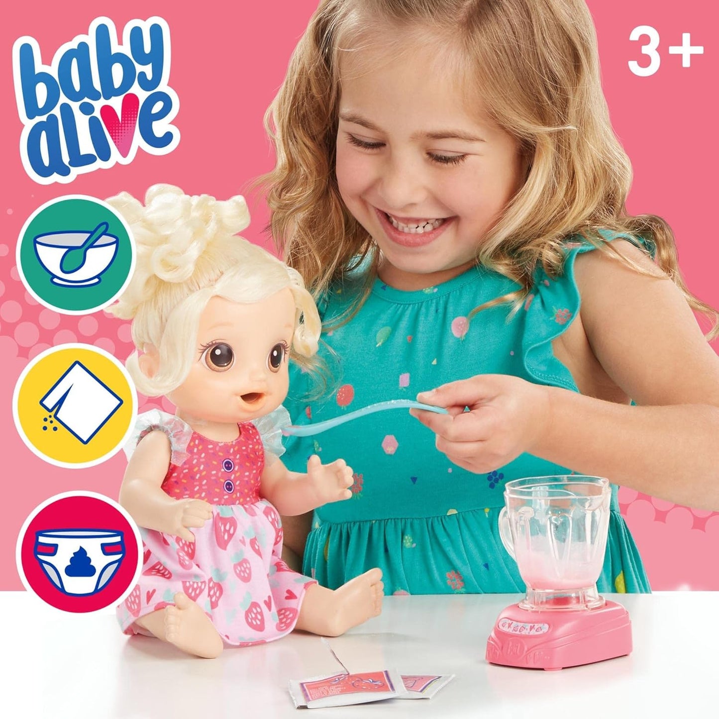 Baby Alive Magic Mixer Baby Doll Batido de fresa con accesorios para licuadora, bebidas, salsas, comidas, juguete para cabello rubio para niños a partir de 3 años