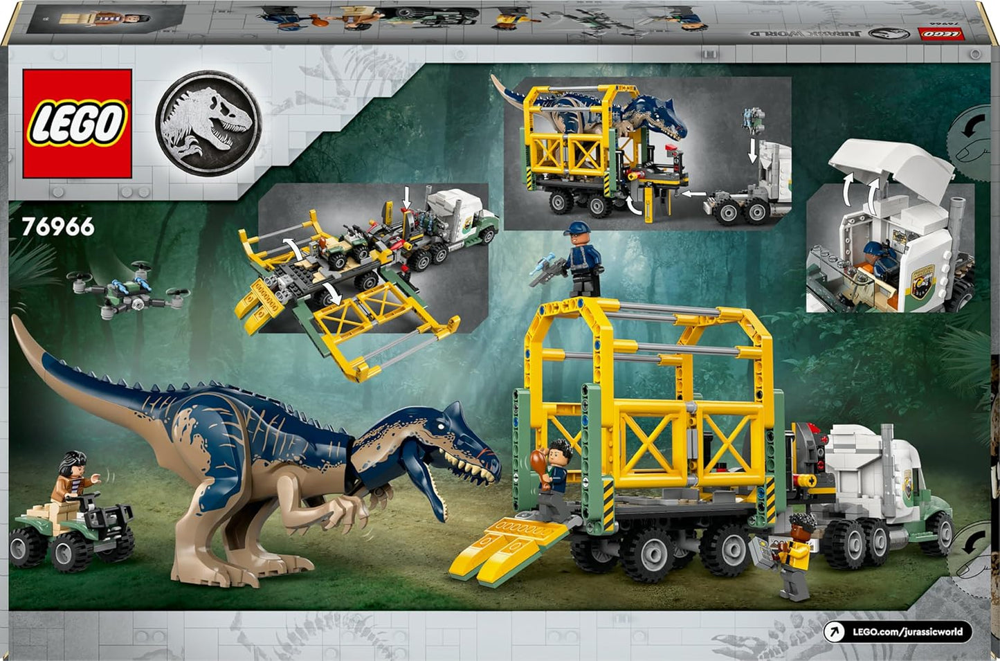 LEGO Jurassic World Dinosaur Missions: Allosaurus Transport Truck Toy, ideia divertida de presente para festas infantis com figuras de Kenji, Darius e Yaz para meninos e meninas a partir de 8 anos