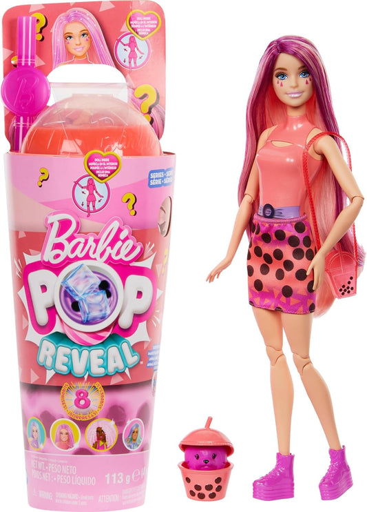 Barbie  Boneca Pop Reveal Bubble Tea Series e acessórios com boneca fashion e animal de estimação, 8 surpresas incluem mudança de cor, copo com armazenamento (os estilos podem variar), HTJ22