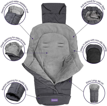 Clevamama Saco de Dormir Universal para Cochecito, Cochecito, Cochecito y Cochecito, Forro Polar Térmico e Impermeable, Extra Largo para Bebés y Niños Pequeños - Gris, 96x98 cm