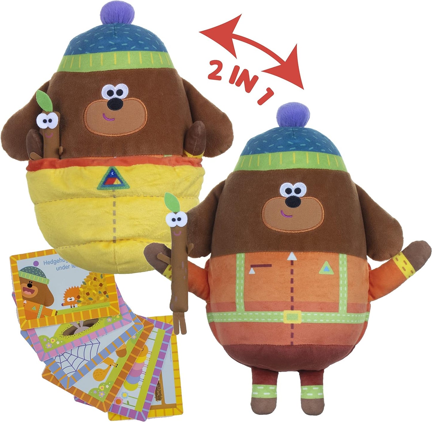 Hey Duggee Sonidos y música: explora y ronca Camping Duggee con palo adhesivo y saco de dormir reversible Peluche reciclado sostenible. ¡2 en 1! Incluye actividades QR (2174), naranja