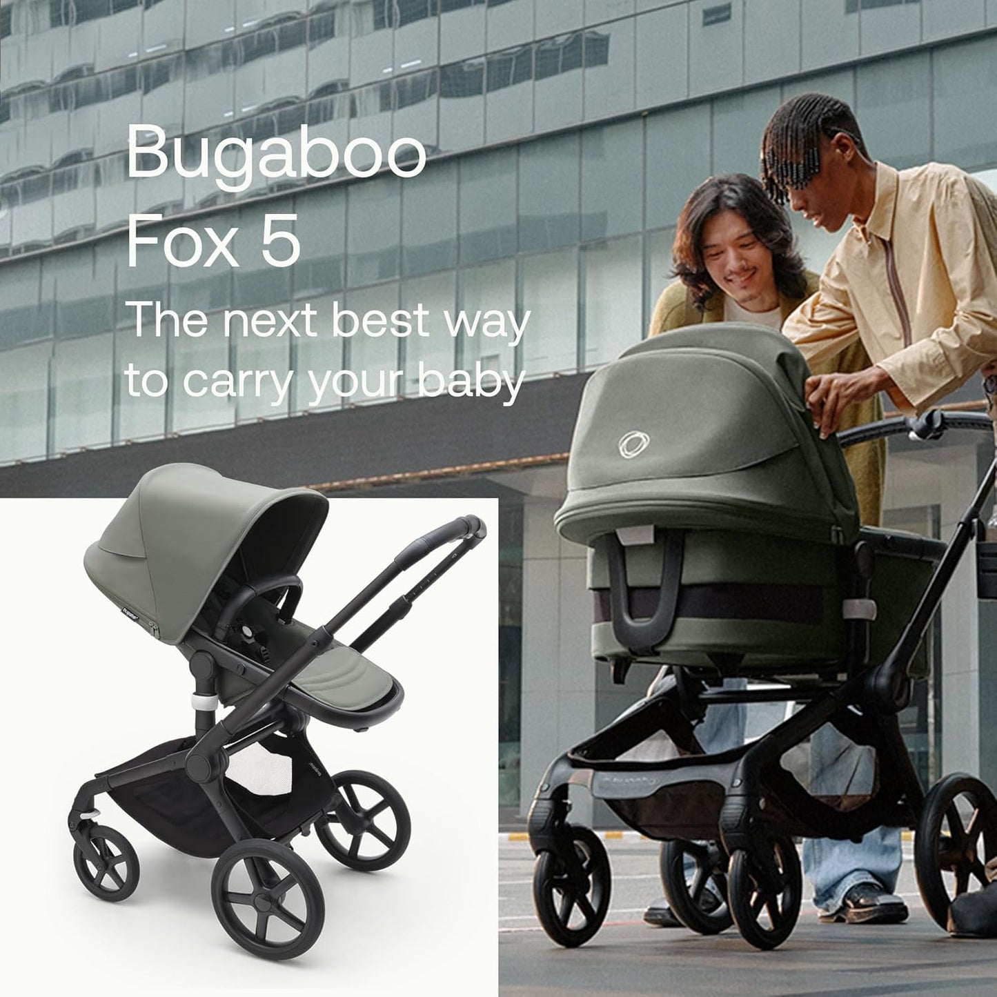 Bugaboo Carrinho de passeio Fox 5 All-Terrain, carrinho de bebê 2 em 1, suspensão total, dobra fácil, berço espaçoso, assento extensível para crianças, manobrabilidade com uma mão, chassi preto e capota verde floresta