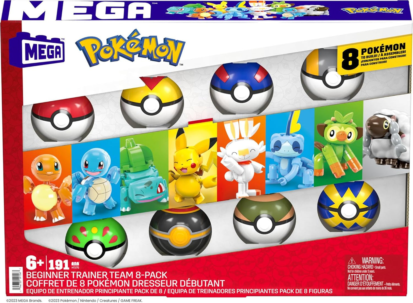 MEGA Brinquedos de construção de bonecos de ação Pokémon, equipe de treinador iniciante com 191 peças, 8 personagens, incluindo Pikachu Charmander Squirtle, para crianças, HTJ75