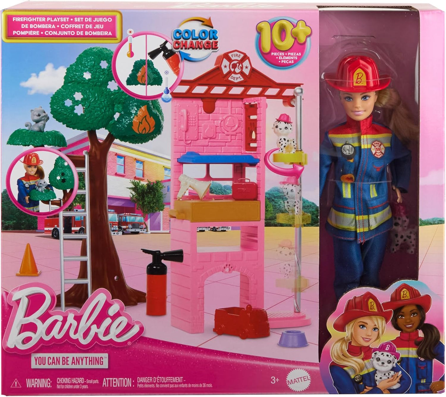 Barbie  Boneca de bombeiro e conjunto de brinquedos com estação de bombeiros e árvore, 2 animais de estimação, mudança de cor e mais de 10 acessórios, incluindo extintor de incêndio, brinquedo de esguicho, HRG55