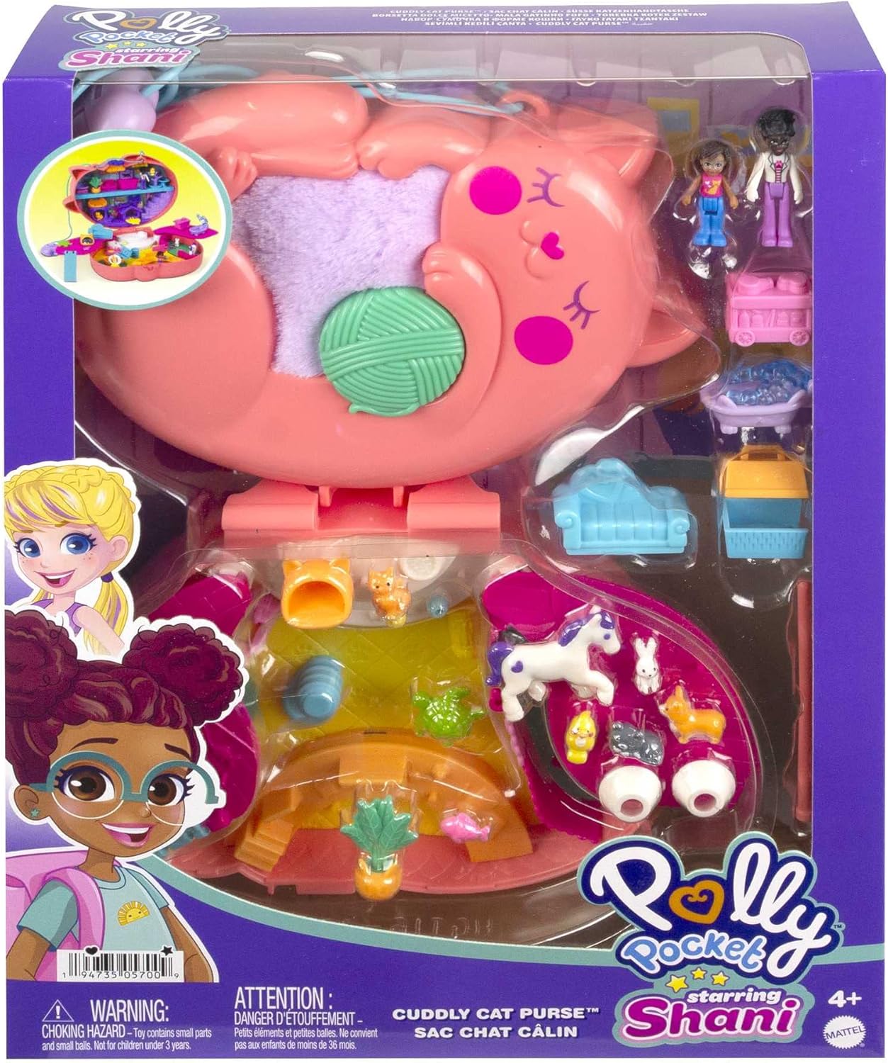 Polly Pocket estrelando Shani Cuddly Cat Purse, tema Pet Vet com 2 micro bonecas e 18 acessórios, recurso Pop & Swap Peg, ótimo presente para maiores de 4 anos, HGT16