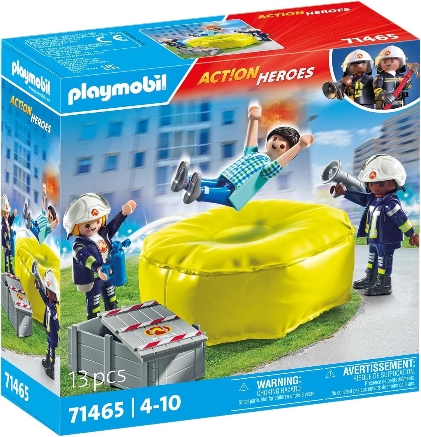 Playmobil 71465 Action Heroes: Bombeiros com almofada de ar, com capacetes, megafone e extintor de incêndio, encenação divertida e imaginativa, conjuntos de jogos detalhados adequados para crianças a partir de 4 anos